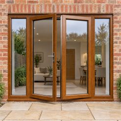 Golden Oak French Doors with Side Panels fitted to the back of a house