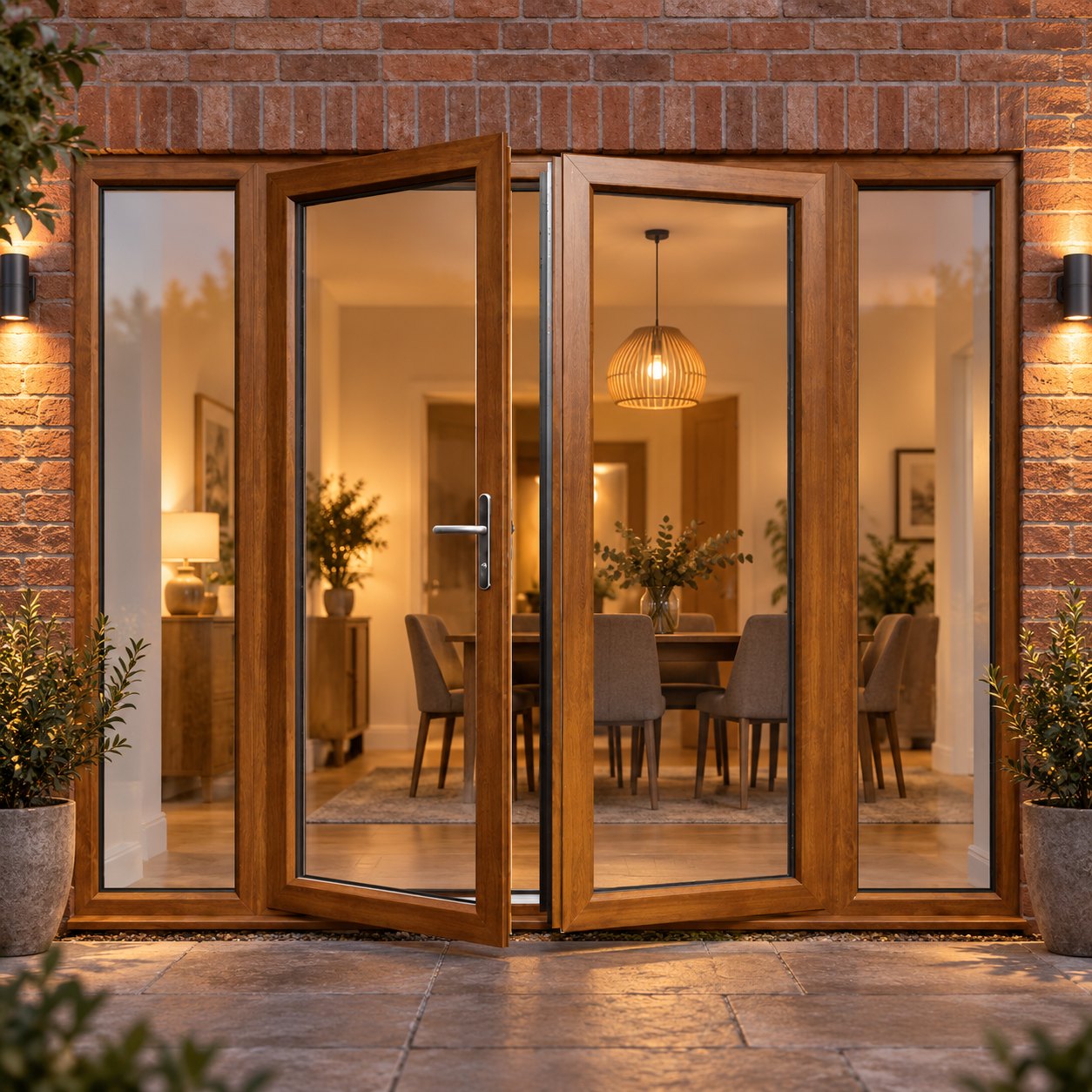 Golden Oak French Doors with Side Panels lit up in the evening