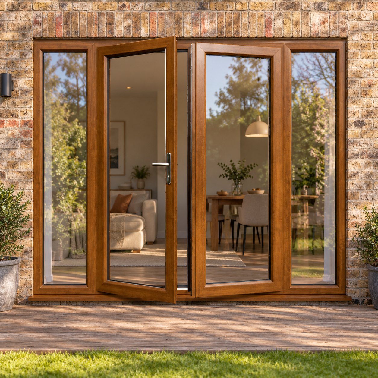 Golden Oak French Doors with Side Panels opening onto garden decking