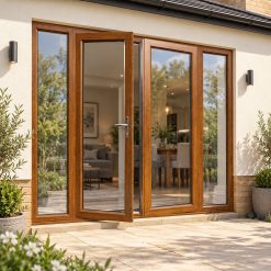 Golden Oak French Doors with Side Panels on a rendered house