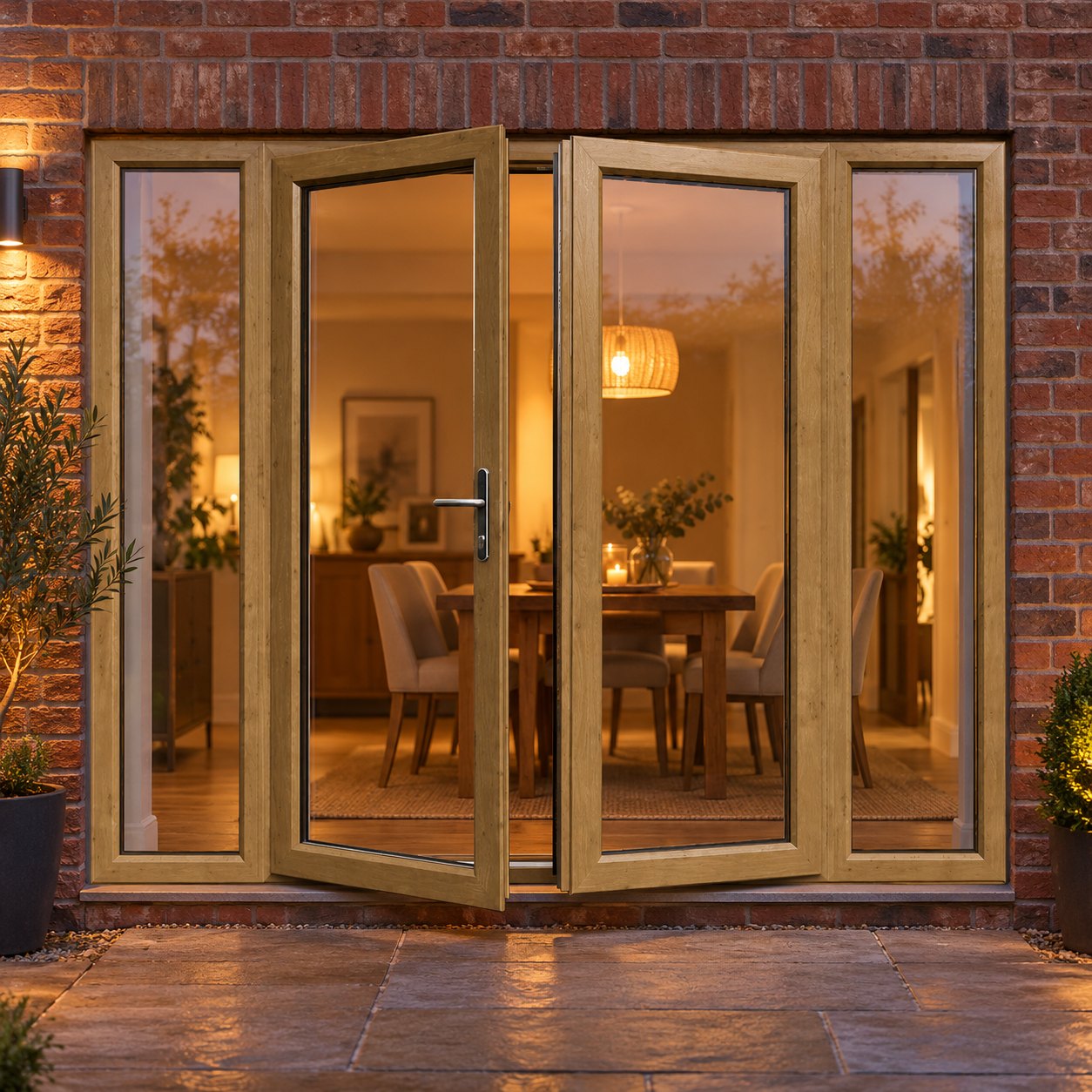 Irish Oak French Doors with Side Panels lit up in the evening
