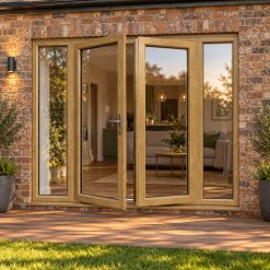 Irish Oak French Doors with Side Panels opening onto garden decking