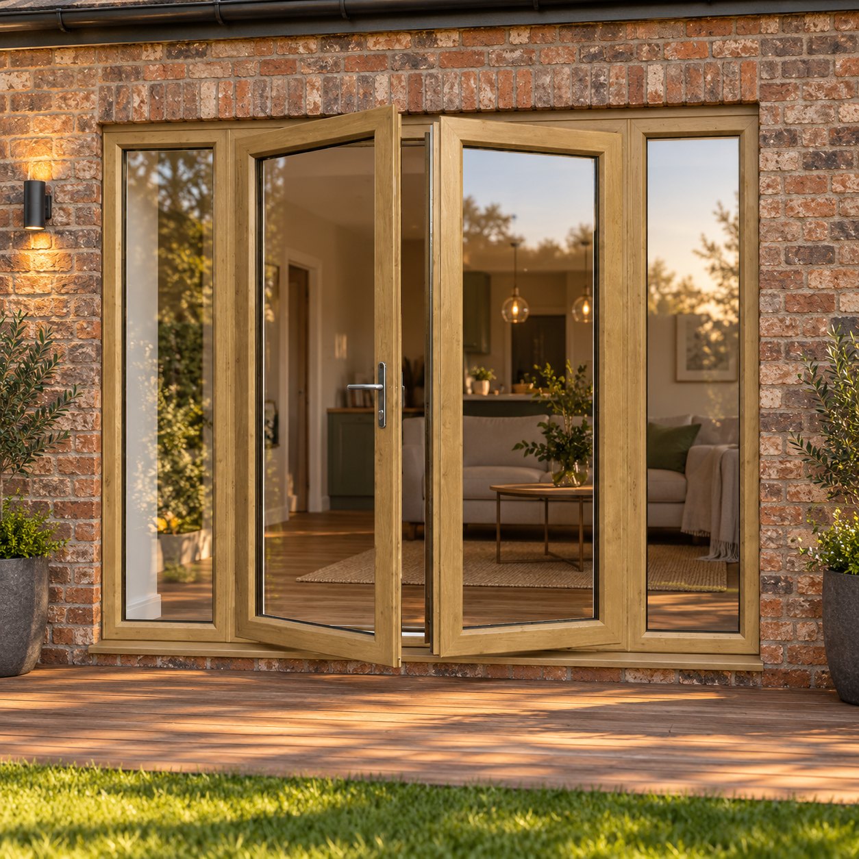 Irish Oak French Doors with Side Panels opening onto garden decking