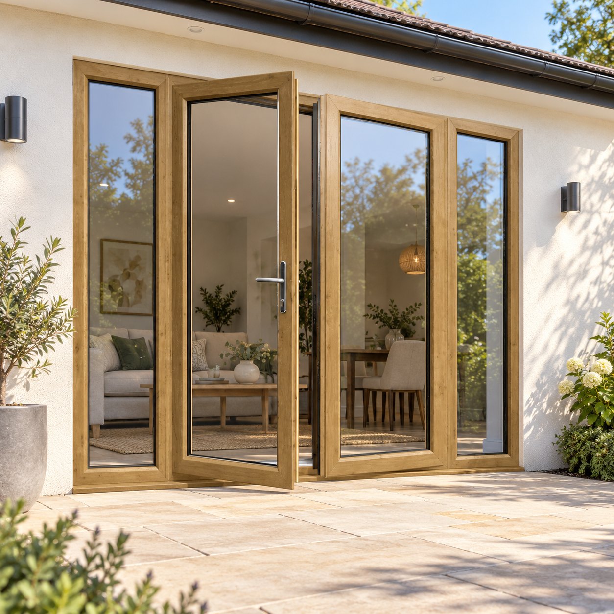 Irish Oak French Doors with Side Panels on a rendered house