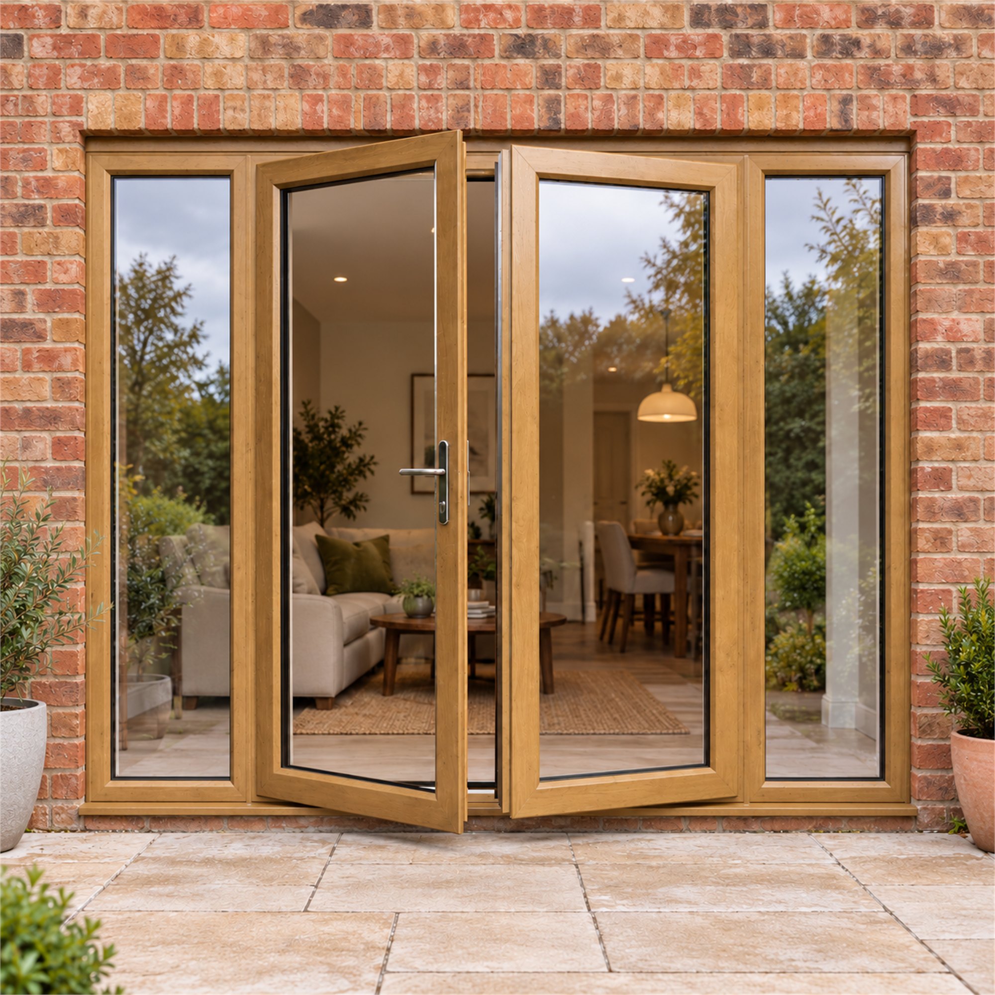 Irish Oak French Doors with Side Panels fitted to the back of a house