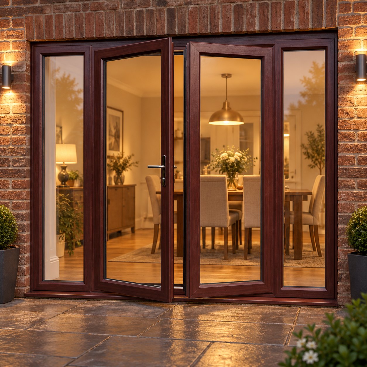 Rosewood French Doors with Side Panels lit up in the evening