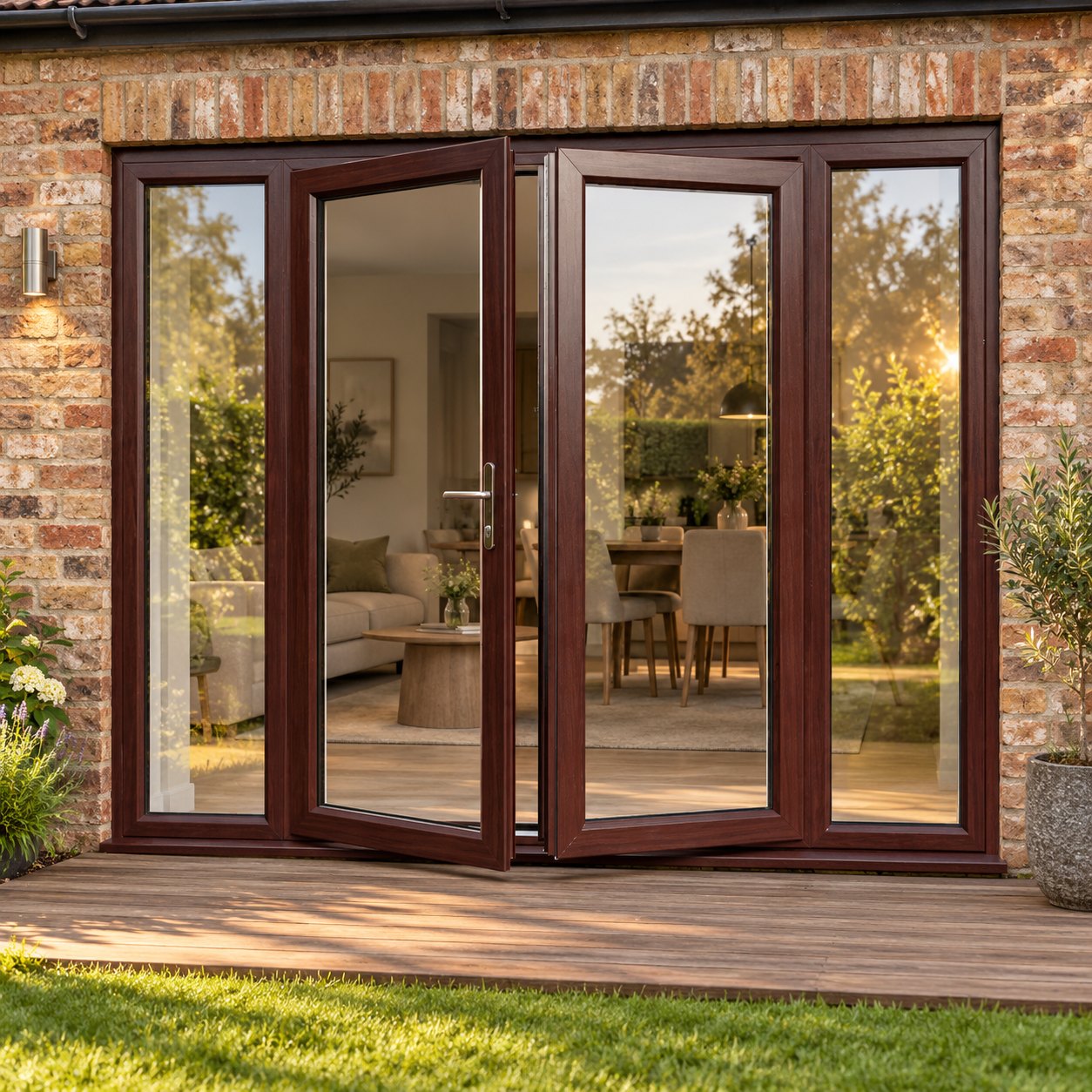 Rosewood French Doors with Side Panels opening onto garden decking