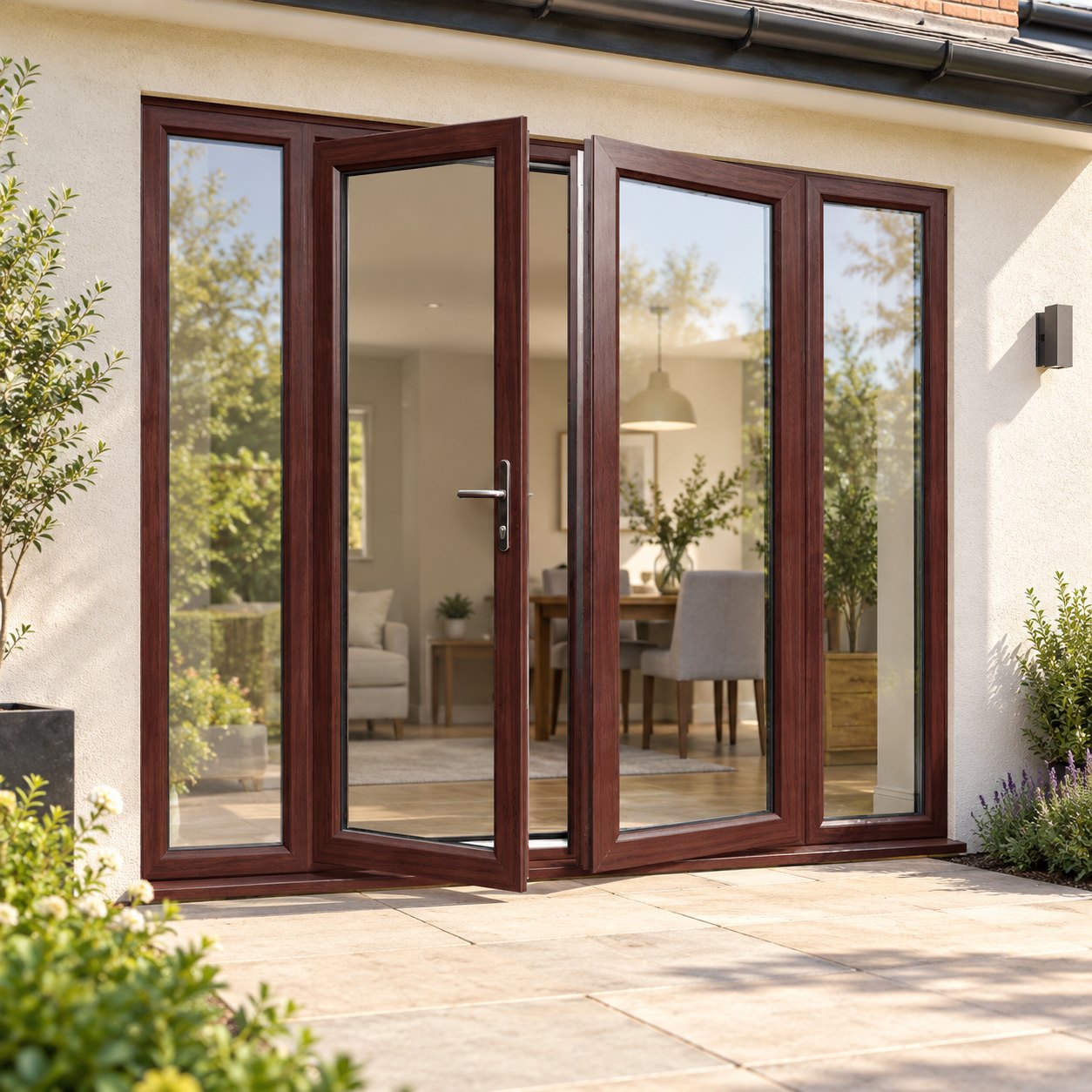 Rosewood French Doors with Side Panels on a rendered house