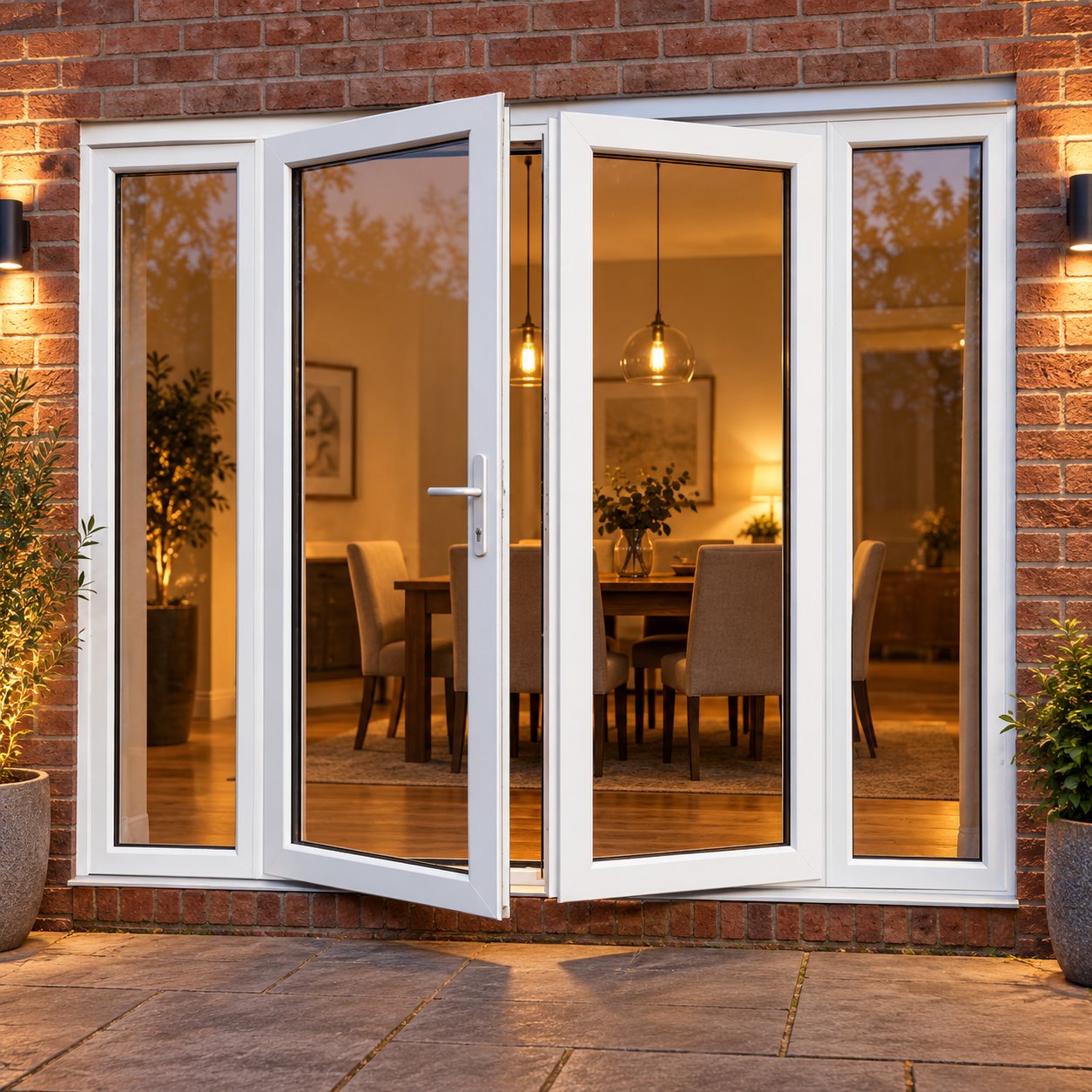 White French Doors with Side Panels lit up in the evening