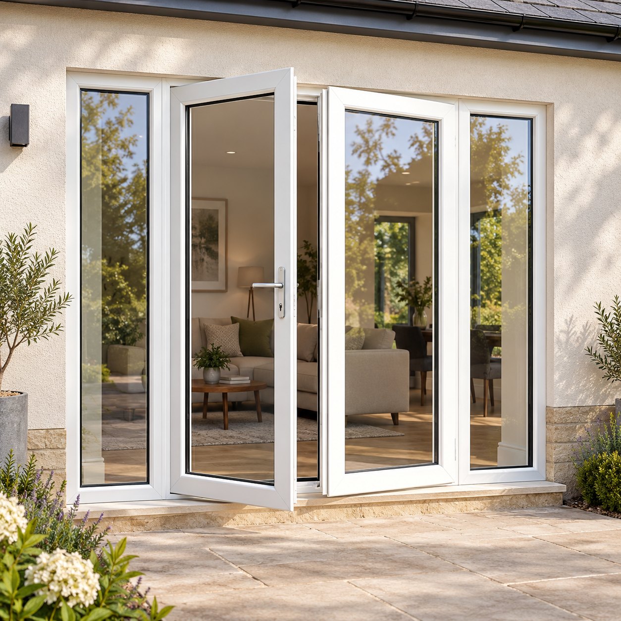 White French Doors with Side Panels on a rendered house