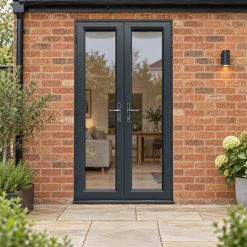 1190mm x 2090mm - Anthracite Grey on White uPVC French Doors opening onto a brick patio