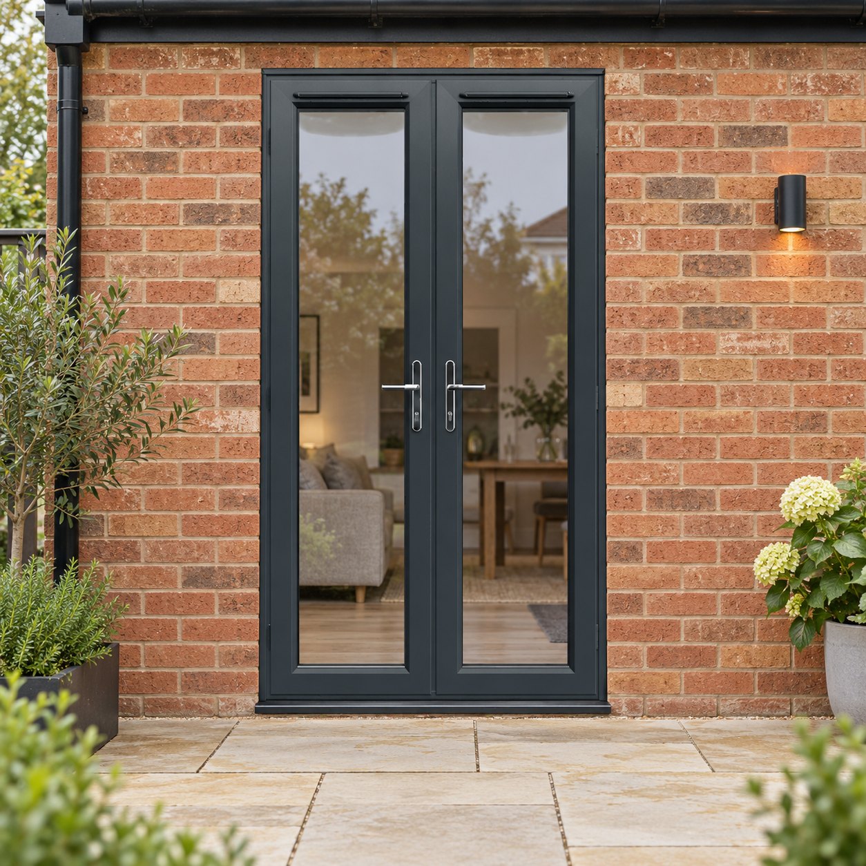 1190mm x 2090mm - Anthracite Grey on White uPVC French Doors opening onto a brick patio
