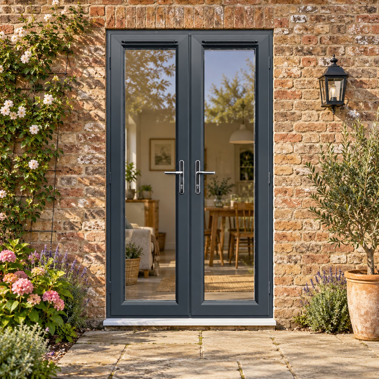 1190mm x 2090mm - Anthracite Grey on White uPVC French Doors lit up in the evening
