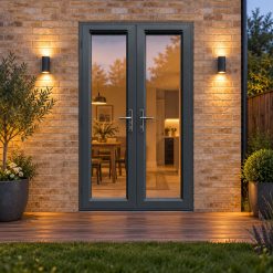1190mm x 2090mm - Anthracite Grey on White uPVC French Doors opening onto garden decking