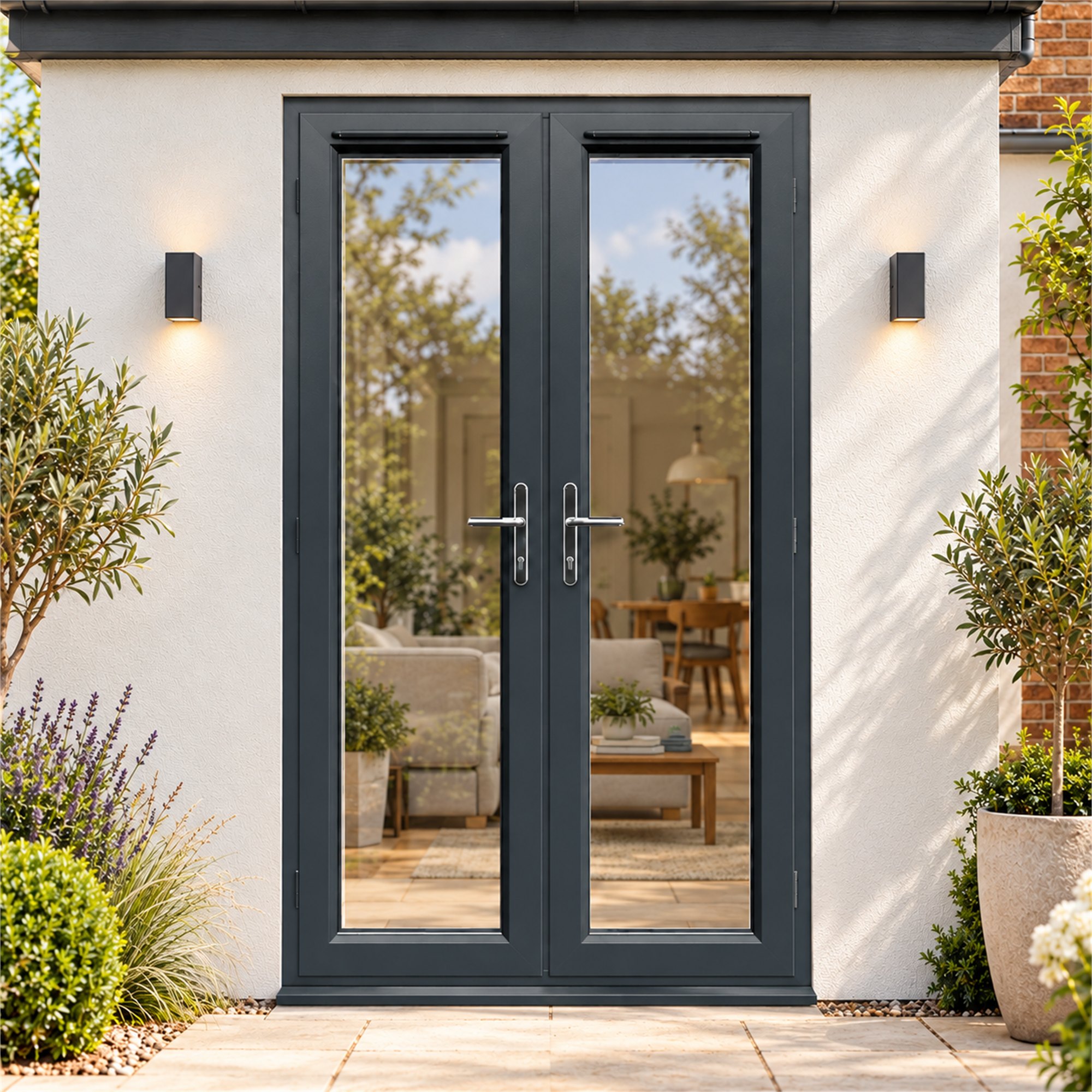 1190mm x 2090mm - Anthracite Grey on White uPVC French Doors fitted to the back of a house