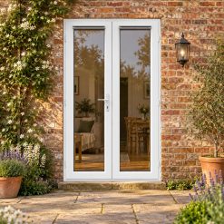 1190mm x 2090mm - White uPVC French Doors lit up in the evening