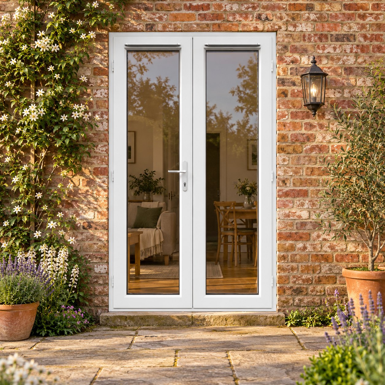 1190mm x 2090mm - White uPVC French Doors lit up in the evening