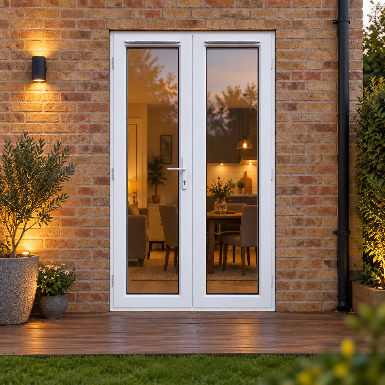 1190mm x 2090mm - White uPVC French Doors opening onto garden decking