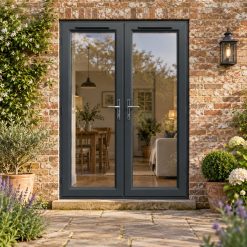 1490mm x 2090mm- Anthracite Grey on White uPVC French Doors lit up in the evening
