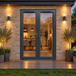 1490mm x 2090mm- Anthracite Grey on White uPVC French Doors opening onto garden decking