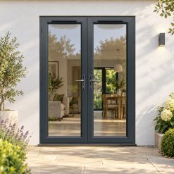1490mm x 2090mm- Anthracite Grey on White uPVC French Doors on a rendered house
