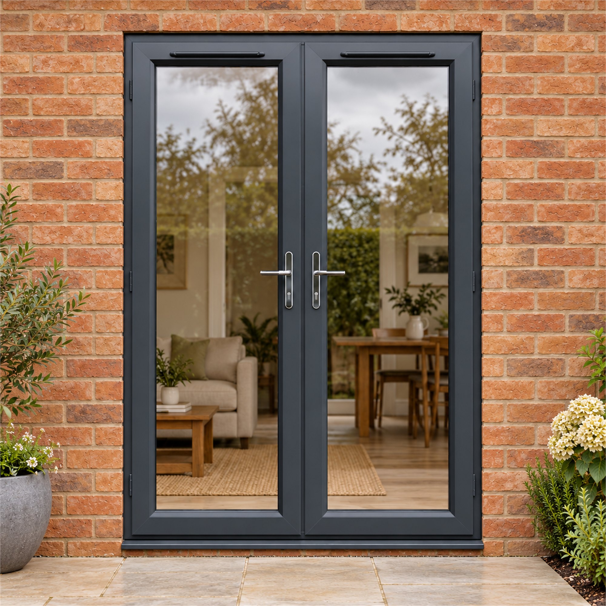 1490mm x 2090mm- Anthracite Grey on White uPVC French Doors fitted to the back of a house