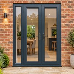 1490mm x 2090mm - Grey-on-White uPVC French Doors with Narrow Side Panel fitted to the back of a house
