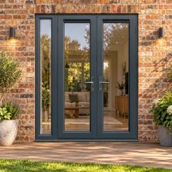 1490mm x 2090mm - Grey-on-White uPVC French Doors with Narrow Side Panel opening onto garden decking