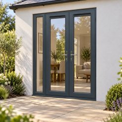 1490mm x 2090mm - Grey-on-White uPVC French Doors with Narrow Side Panel on a rendered house