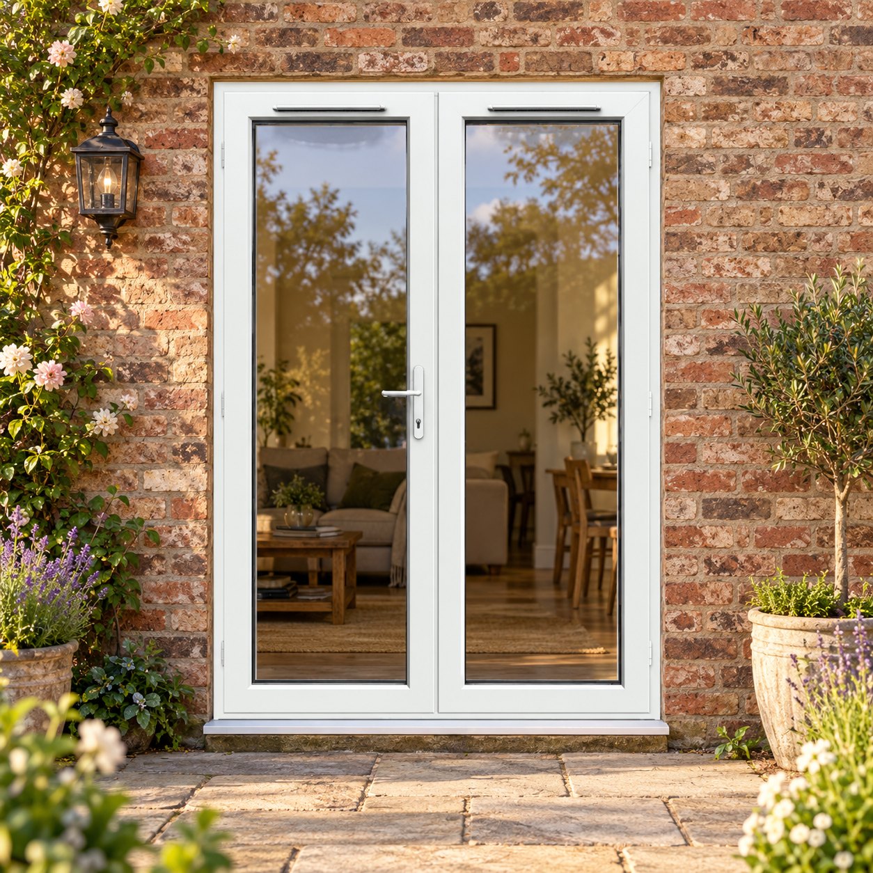 1490mm x 2090mm - White uPVC French Doors lit up in the evening