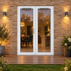 1490mm x 2090mm - White uPVC French Doors opening onto garden decking