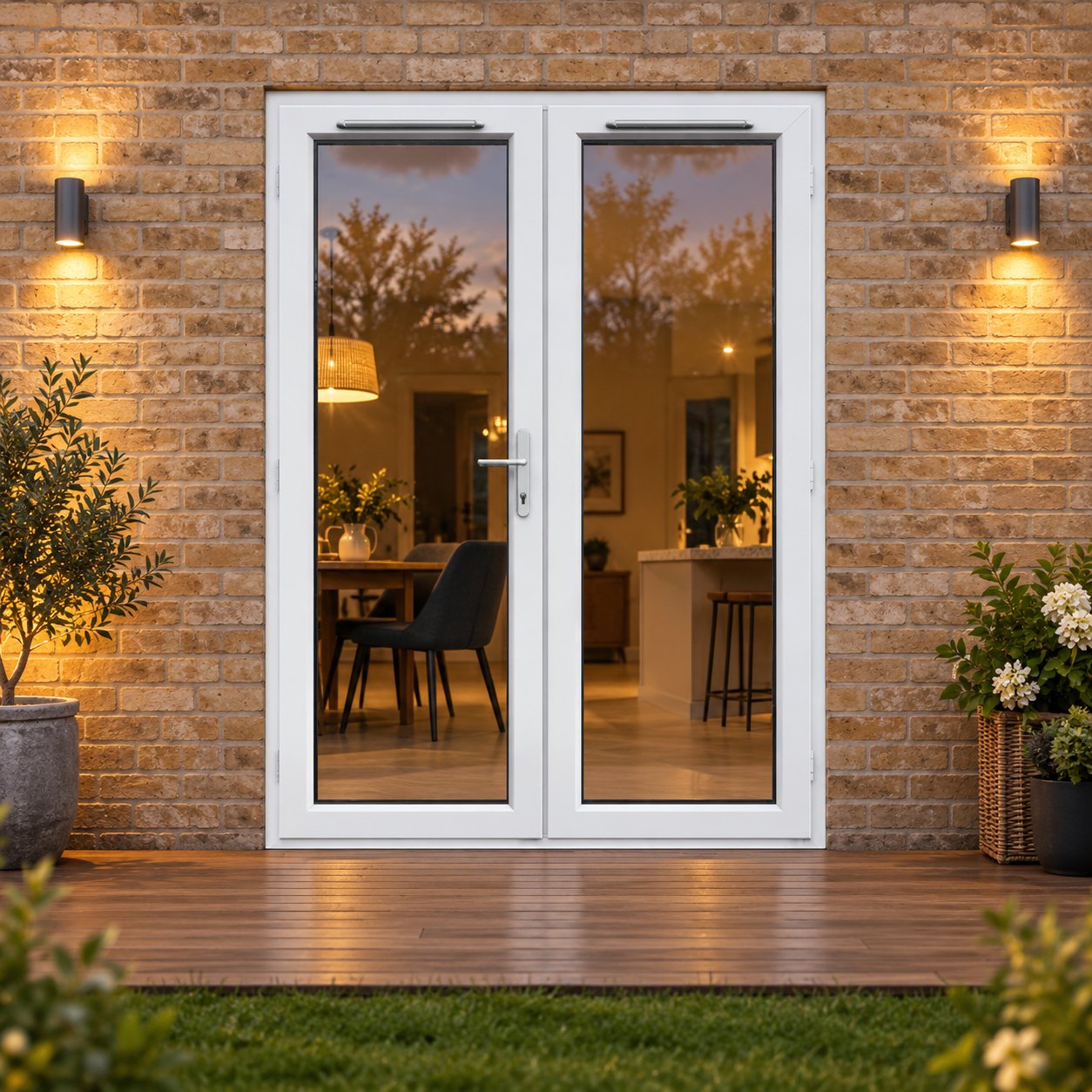 1490mm x 2090mm - White uPVC French Doors opening onto garden decking