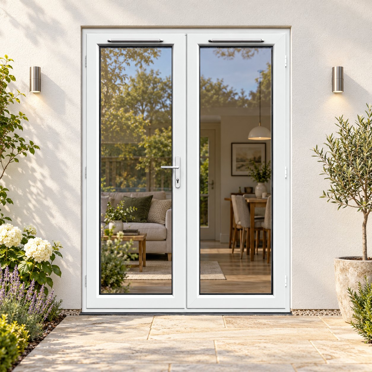 1490mm x 2090mm - White uPVC French Doors on a rendered house