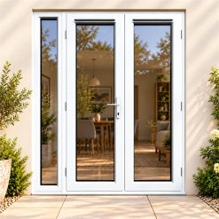 1490mm x 2090mm - White uPVC French Doors with Narrow Side Panel fitted to the back of a house