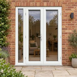 1490mm x 2090mm - White uPVC French Doors with Narrow Side Panel opening onto a brick patio