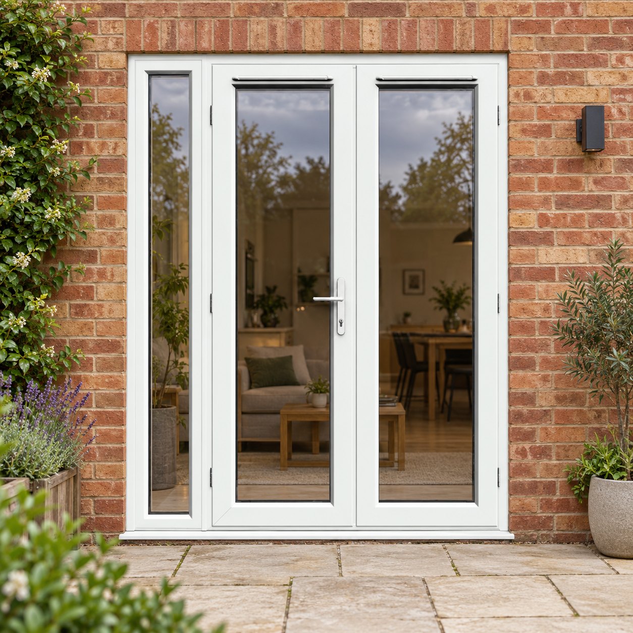 1490mm x 2090mm - White uPVC French Doors with Narrow Side Panel opening onto a brick patio