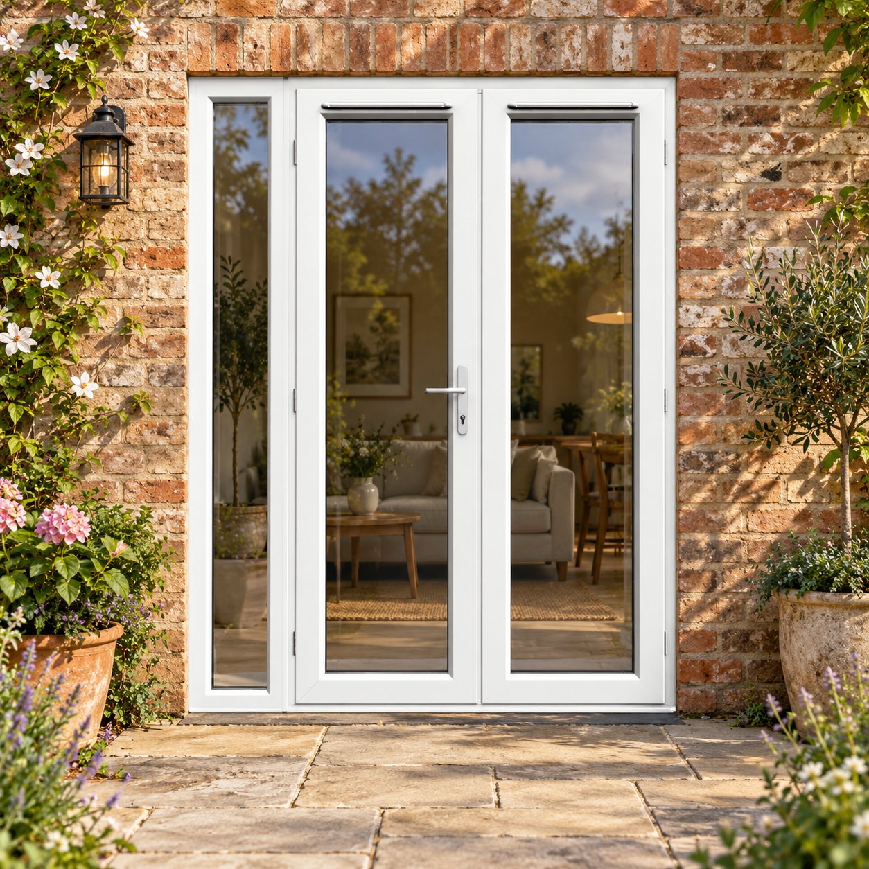 1490mm x 2090mm - White uPVC French Doors with Narrow Side Panel lit up in the evening