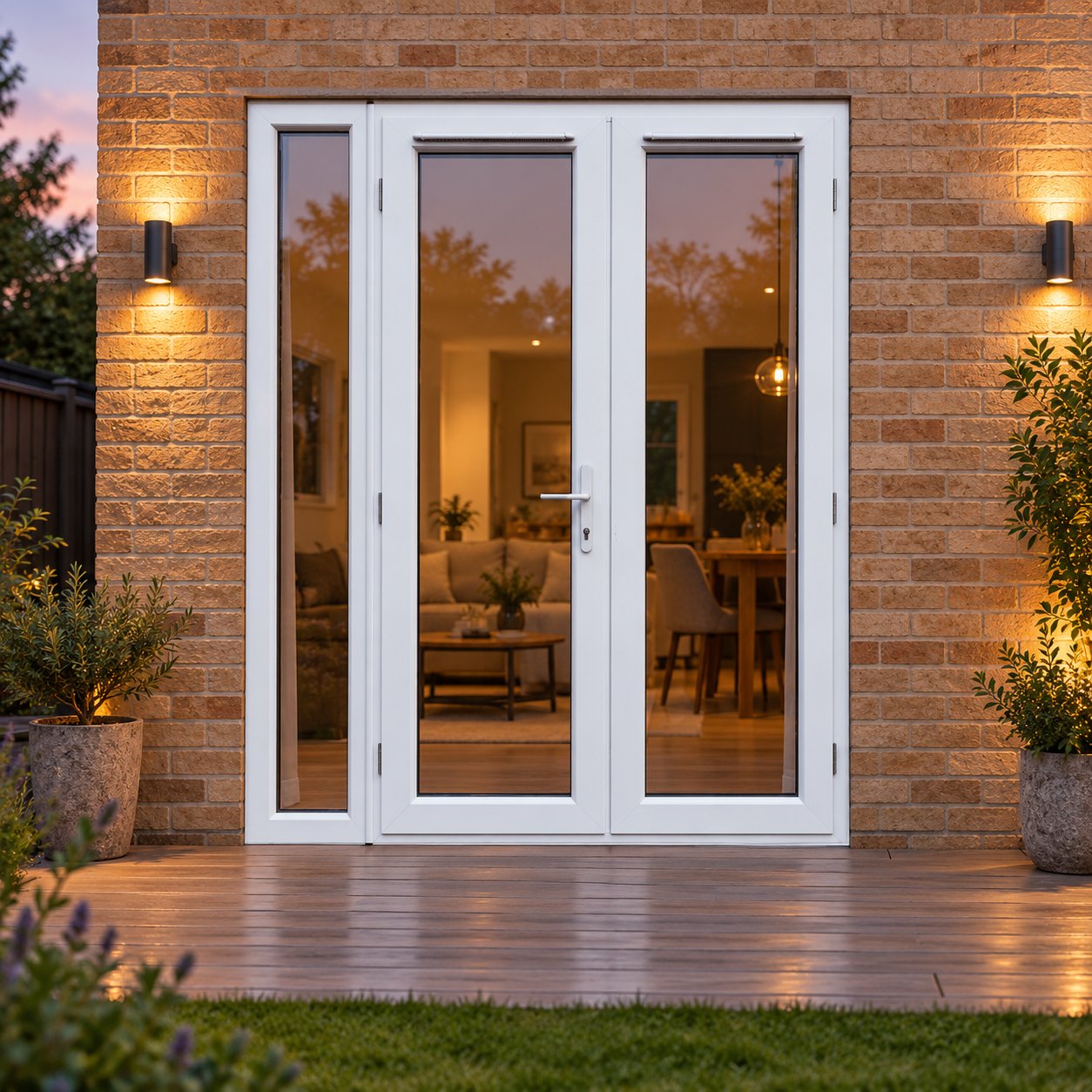1490mm x 2090mm - White uPVC French Doors with Narrow Side Panel opening onto garden decking