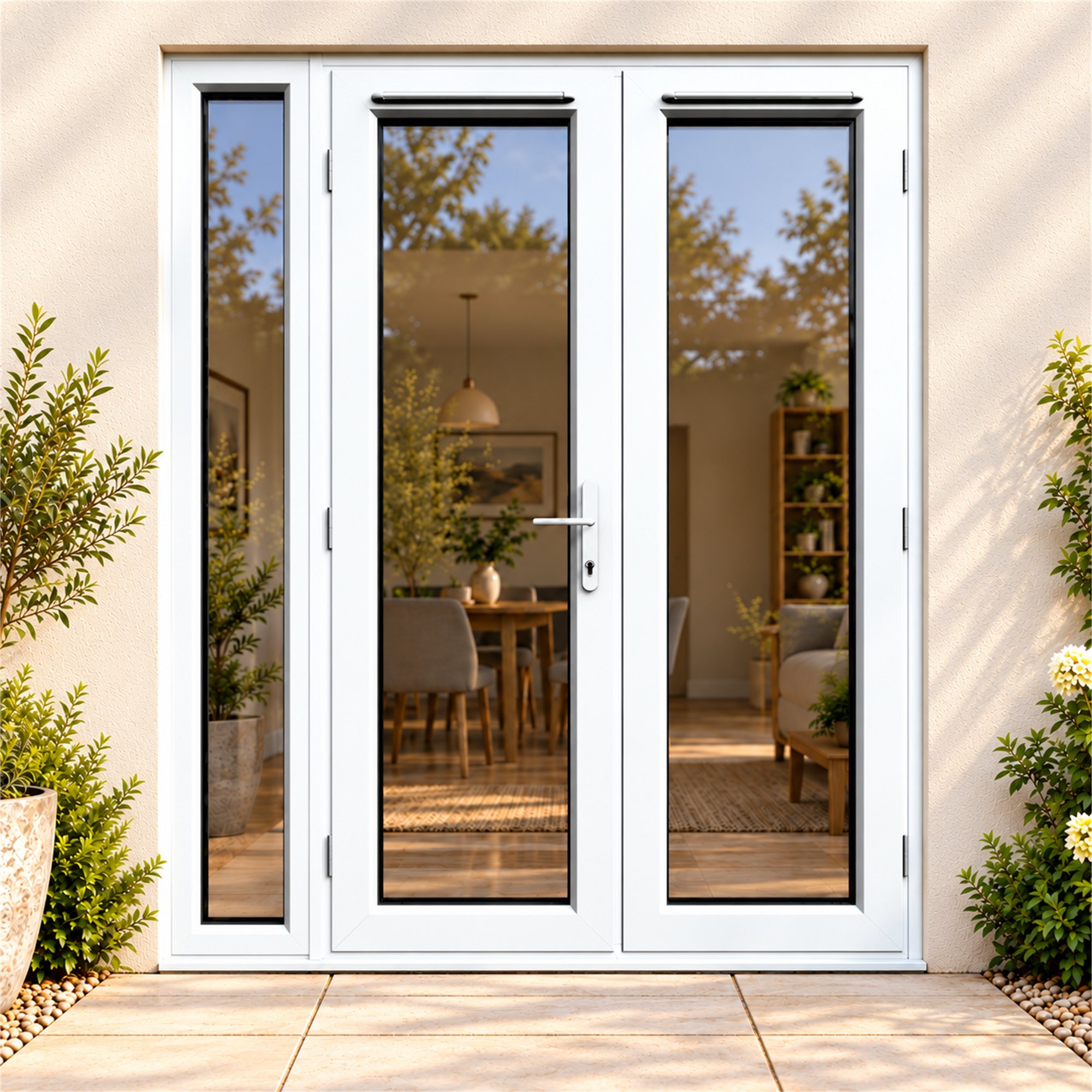 1490mm x 2090mm - White uPVC French Doors with Narrow Side Panel fitted to the back of a house