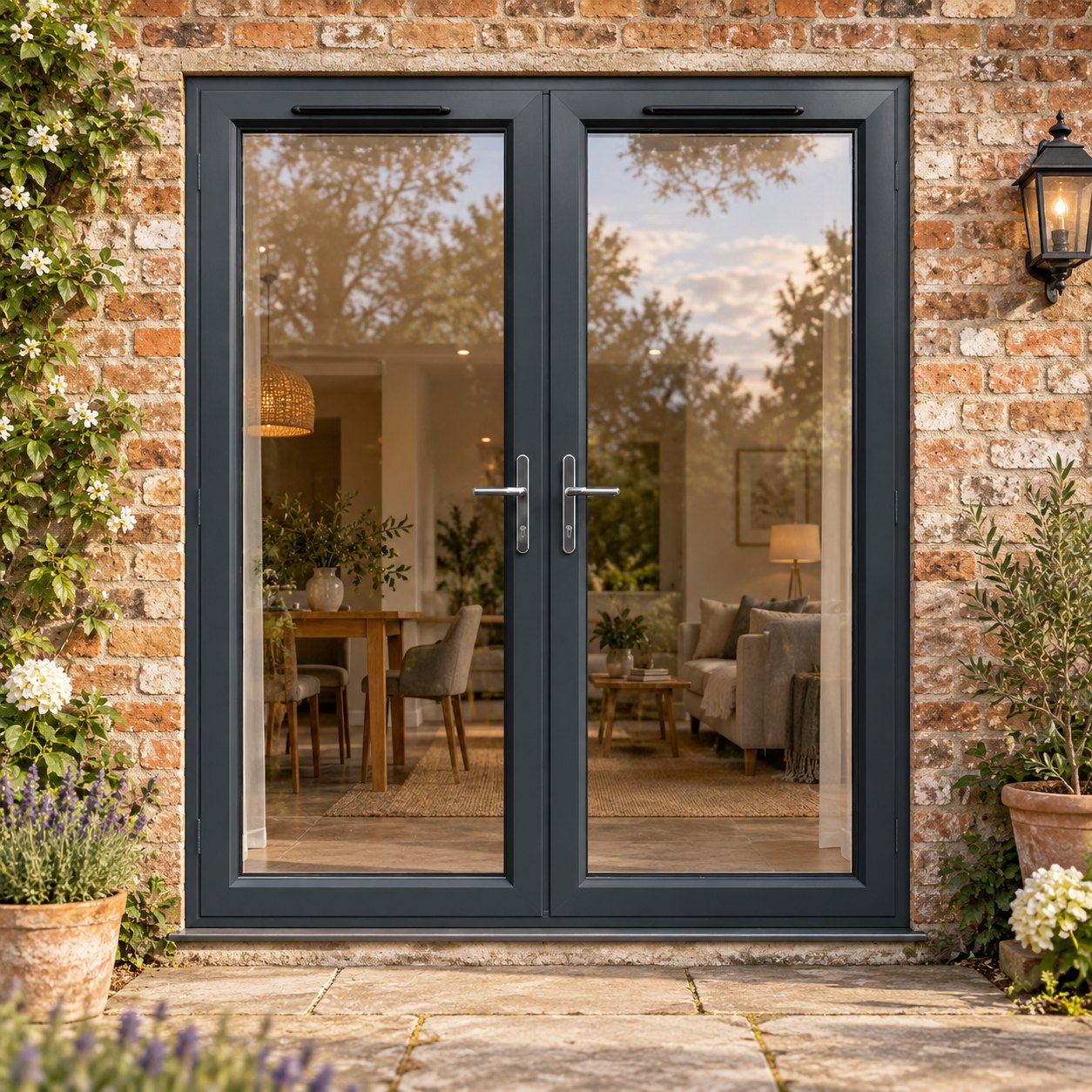 1790mm x 2090mm – Anthracite Grey on White French Doors lit up in the evening
