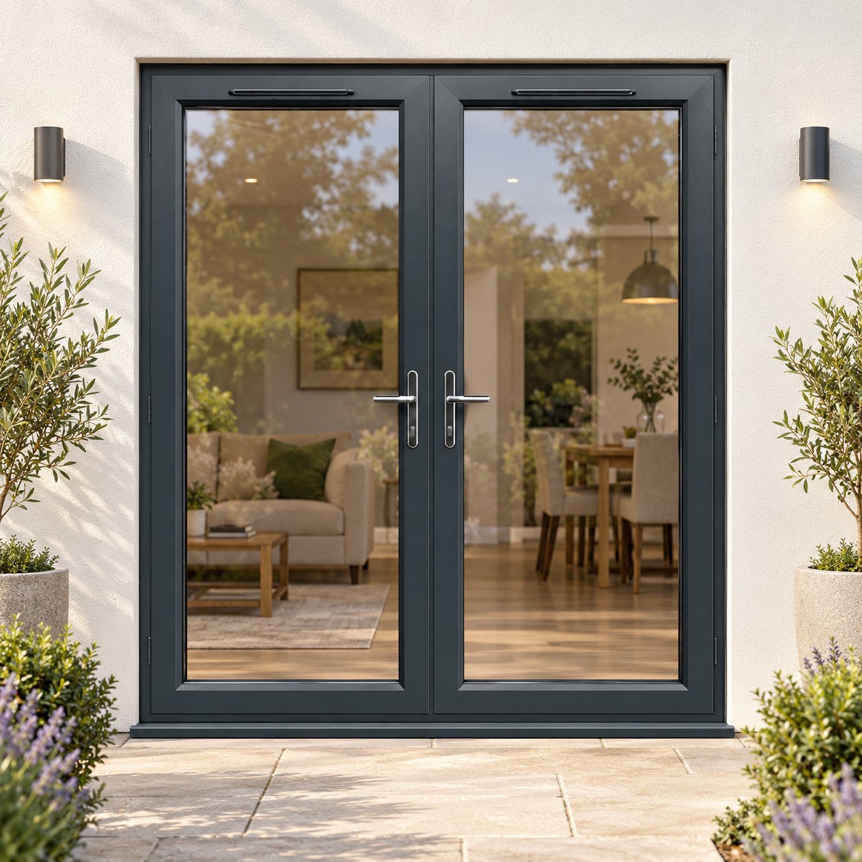 1790mm x 2090mm – Anthracite Grey on White French Doors on a rendered house