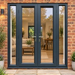 1790mm x 2090mm - Grey-on-White French Doors with Narrow Side Panels fitted to the back of a house