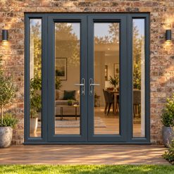 1790mm x 2090mm - Grey-on-White French Doors with Narrow Side Panels opening onto garden decking