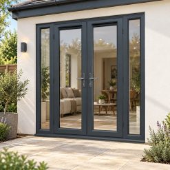 1790mm x 2090mm - Grey-on-White French Doors with Narrow Side Panels on a rendered house