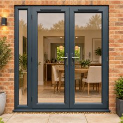 1790mm x 2090mm - Grey-on-White uPVC French Doors with Narrow Side Panel fitted to the back of a house