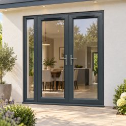 1790mm x 2090mm - Grey-on-White uPVC French Doors with Narrow Side Panel on a rendered house