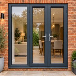 1790mm x 2090mm - Grey-on-White uPVC French Doors with Wide Side Panel fitted to the back of a house