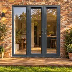 1790mm x 2090mm - Grey-on-White uPVC French Doors with Wide Side Panel opening onto garden decking