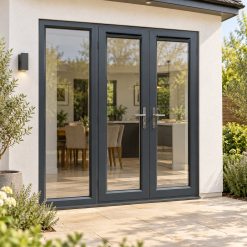 1790mm x 2090mm - Grey-on-White uPVC French Doors with Wide Side Panel on a rendered house