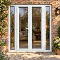 1790mm x 2090mm - White French Doors with Narrow Side Panels lit up in the evening